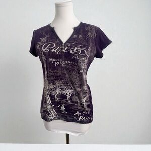 Vintage Y2K Paris Graphic Tee Purple Henley Top Eiffel Tower Print L